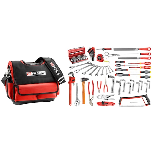 Facom BST14_SG3A tool bag set with black and red carrying bag and assorted hand tools displayed, photographed on white background.