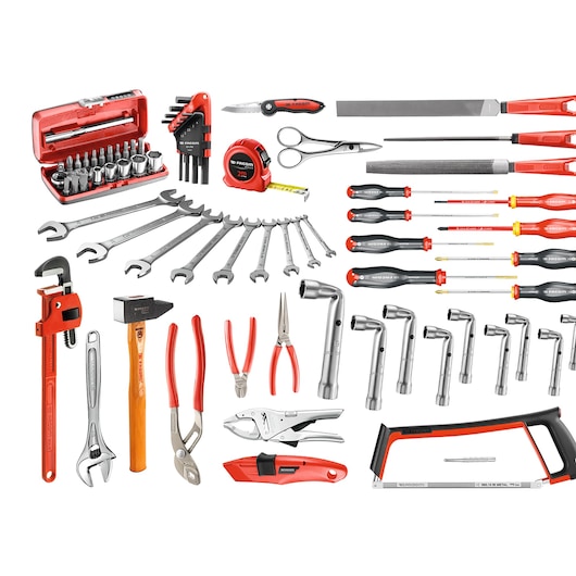 Facom BST14_SG3A hand tool set with wrenches, screwdrivers, pliers, sockets, hammer, tape measure, and hacksaw, front view.