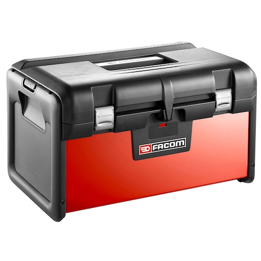 Facom BT200 tool box with black lid, red base, silver latches, angled view on white background.