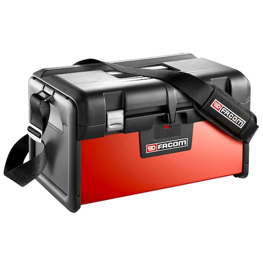 Facom BT200 tool box, red and black, front angle, with shoulder strap and sturdy latches.