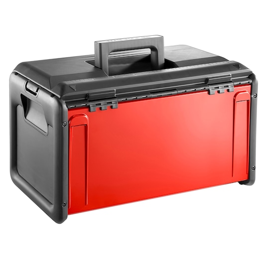 Facom BT200 toolbox with red front panel and black sides, photography, angled view on white background.