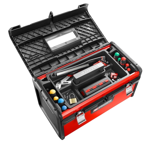 Facom BT200 red and black toolbox with assorted tools and accessories, top angle, white background.