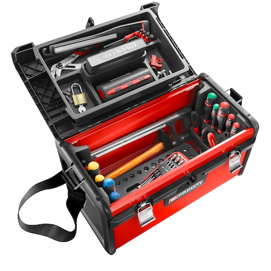 Facom BT200 tool box with assorted hand tools, open front angle on white background.