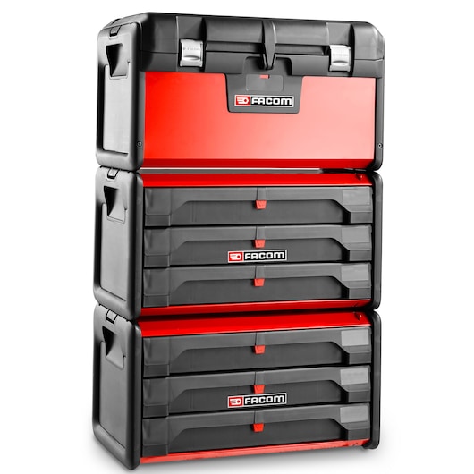 Facom BT200 modular tool storage chest with black and red drawers, front angle, white background.