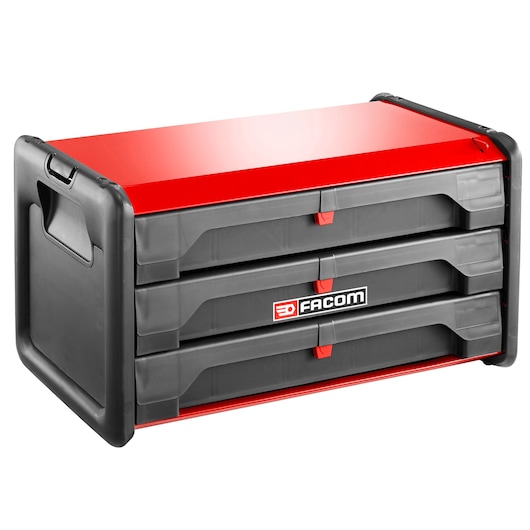 Facom BT203 red and black three-drawer tool chest, angled front view, white background.