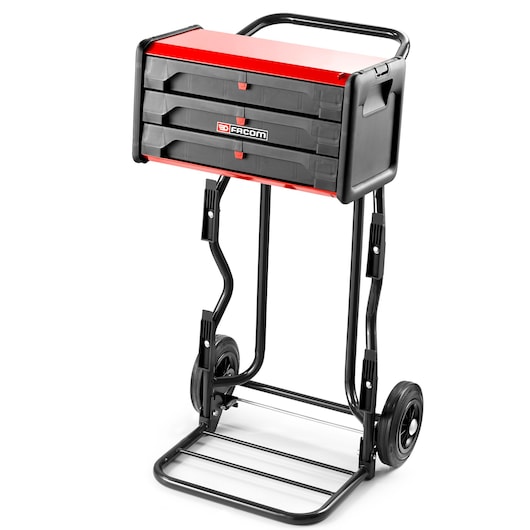 Facom BT203 mobile tool chest with three black drawers, red top, and wheeled stand, front angle.