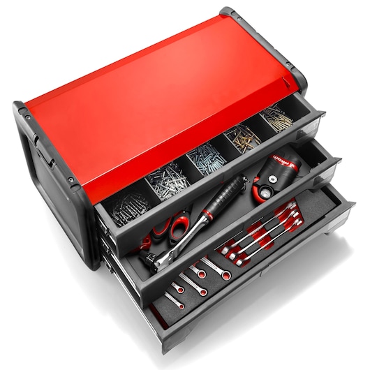 Facom BT203 photography of red and black tool organizer box with open drawers showing assorted tools and fasteners.