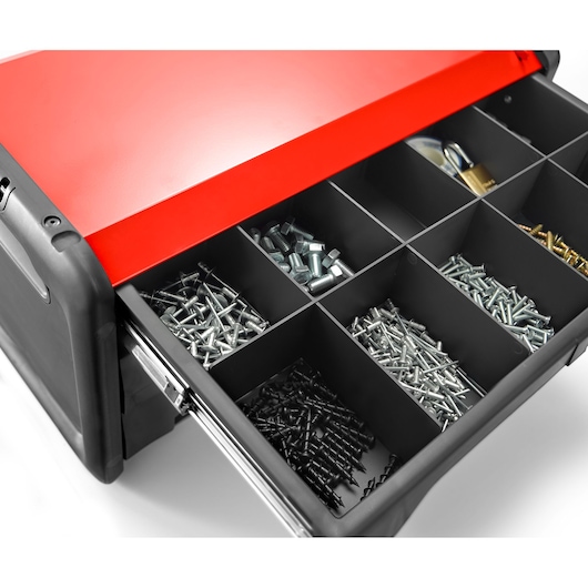Facom BT203 drawer organizer with black and red case, open to show compartmentalized metal screws and fasteners.