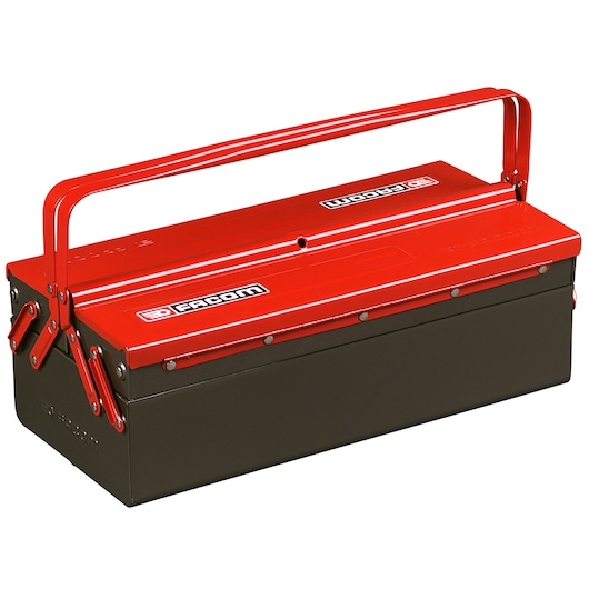 Facom BT9 metal toolbox with red lid and handle, photographed from front angle on white background