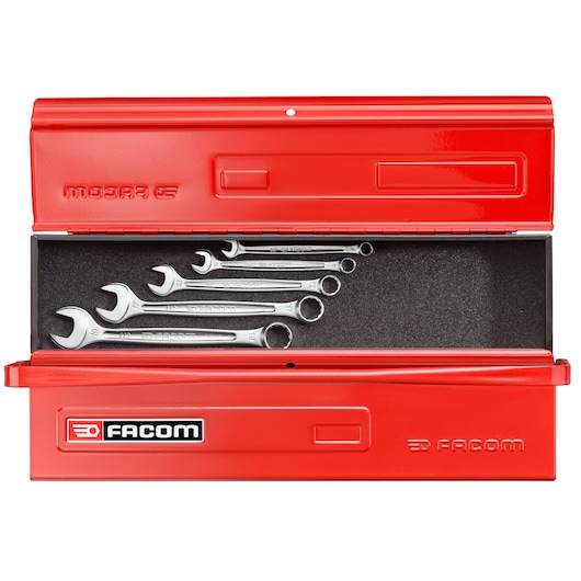 Facom BT9 red metal toolbox with six combination wrenches, photographed from front on white background.