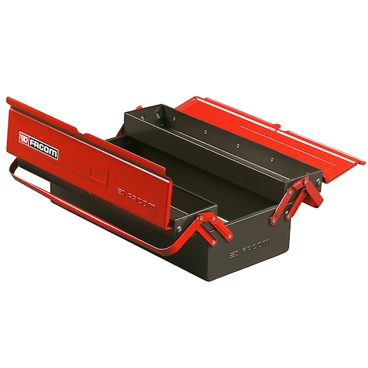 Photo of Facom BT9 metal toolbox with open red lid, showing two compartments, angled view.