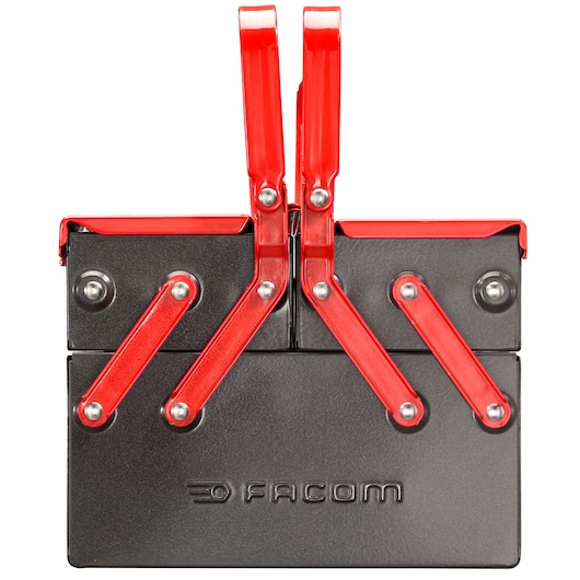 Facom BT9 metal toolbox with black body, red handles and joints, front view on white background.