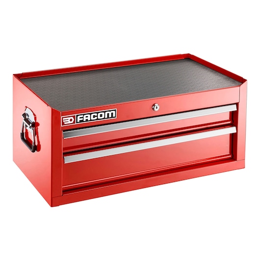 Facom BTC2TA red metal toolbox with two drawers, top view, angled on white background.