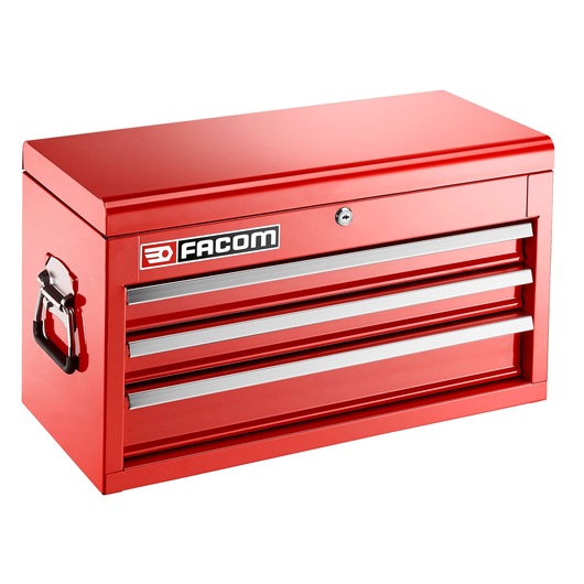 Photo of red Facom tool chest BT_C3TA with three drawers, side handles, and front logo, angled view.