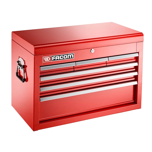 Photo of Facom BTC6TA red metal tool chest with six drawers, front angle on white background.