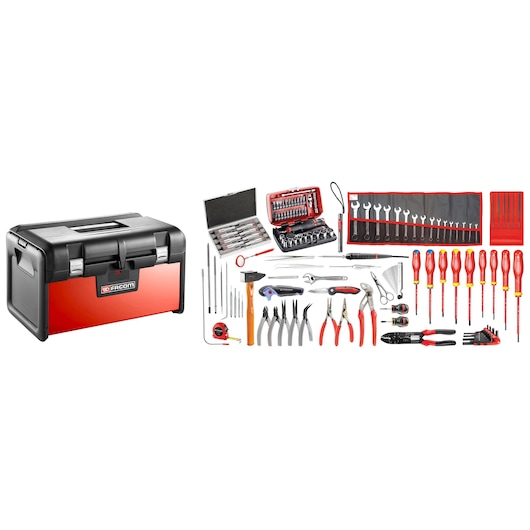 Facom BT200_EM41A tool set with red and black toolbox, various hand tools, wrenches, pliers, and screwdrivers, front view.
