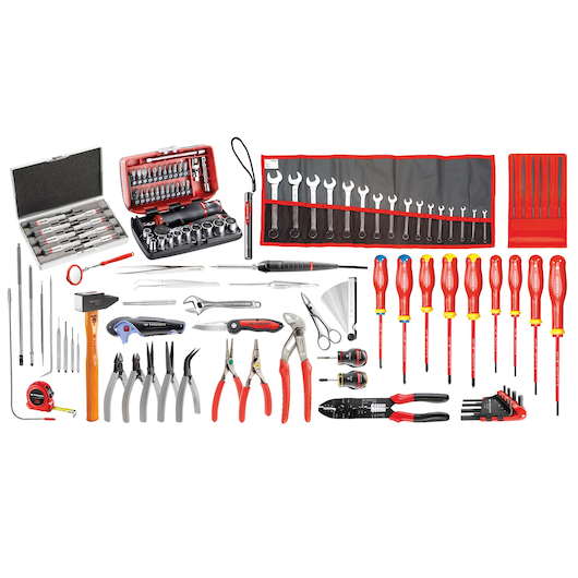 Facom BT200_EM41A hand tools kit, assorted pliers, screwdrivers, wrenches, sockets, files, hammer, and measuring tape, top view.