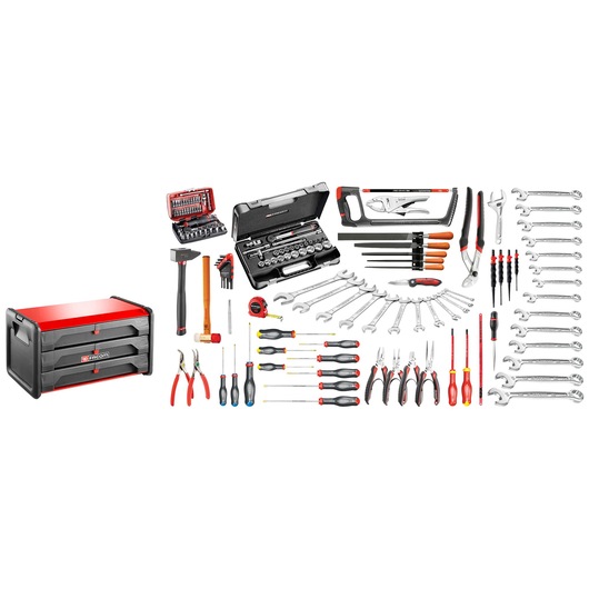 Facom BT203_M120A mechanic tool set with red and black metal toolbox, assorted hand tools, sockets, and wrenches, front view.