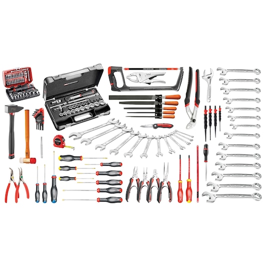 Facom BT203_M120A hand tool set with wrenches, screwdrivers, pliers, sockets, hammer, and saw, top view on white.