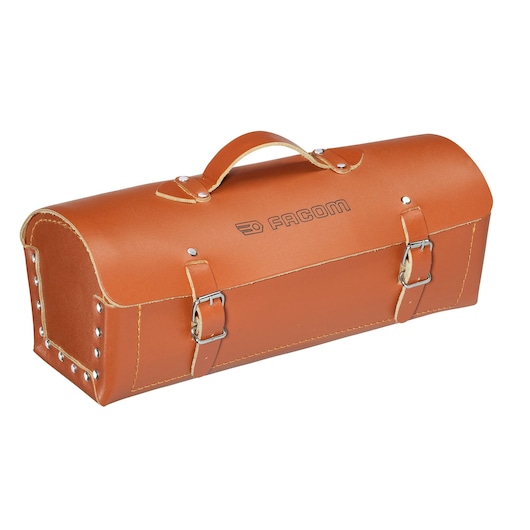 Facom BV100 brown leather tool box with handle and buckle closures, photographed on white background.