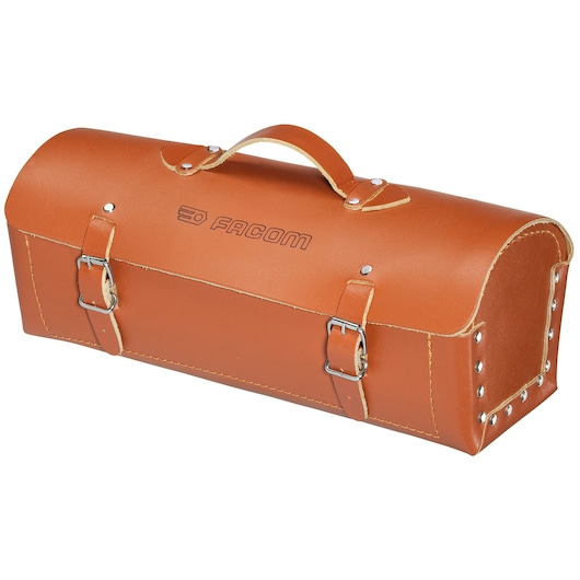 Facom BV100 leather tool box with handle, tan color, two buckle closures, studio angle on white background.