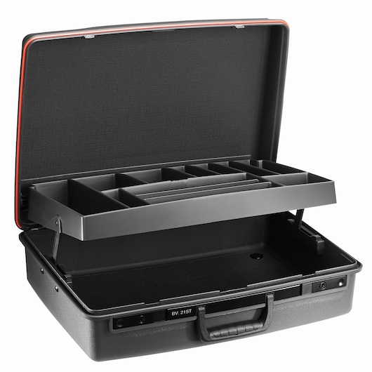 Facom BV_21ST black hard tool case with open lid and multi-compartment tray, front angle on white background.