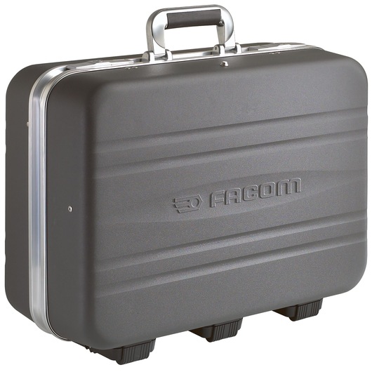 Photo of Facom BV_51A hard tool case, black with silver handle, embossed Facom logo, three feet, front angle.