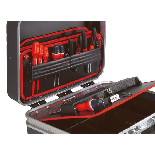 Facom BV_51A tool case photography with red and black insulated screwdrivers and pliers, interior view, white background.