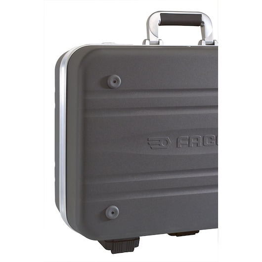 Photo of Facom BV_51A hard case, black with metal edges, partial side and handle view, photography category.