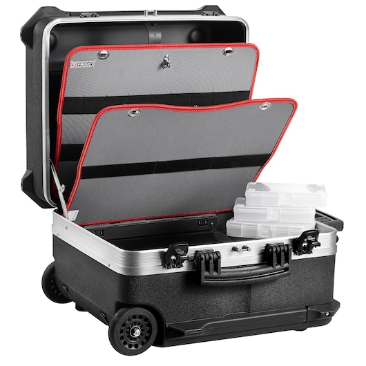 Facom BV61A rolling tool case with open lid, gray and black, with internal organizers and stacked plastic boxes, front angle.