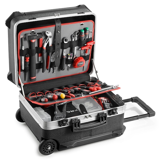 Facom BV61A tool case with organized hand tools, wheeled design, and an open lid, front view.