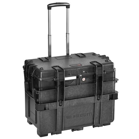 Facom BV_FC4S rolling hard tool case, black, front angle, telescopic handle extended.