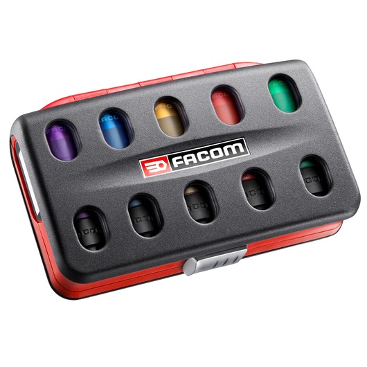 Facom BV.NSI5L socket set with colored sockets in a black and red case, top angle, photography category.