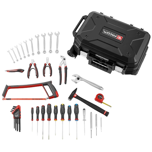 Facom BV_R30CM1PB hand tool set with black hard case, wrenches, pliers, screwdrivers, saw, and hammer top view.