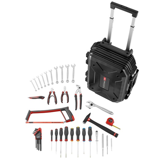 Facom BV_R30CM1PB tool set with black rolling hard case, assorted wrenches, screwdrivers, pliers, saw, hammer, and tape measure, top view.