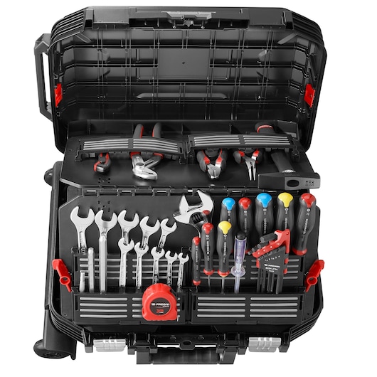 Facom BV_R30CM1PB tool case with assorted wrenches, screwdrivers, pliers, tape measure, and hex keys, top view.