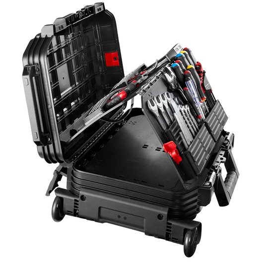 Facom BV_R30CM1PB rolling hard tool case with organized hand tools, open at an angle, white background.