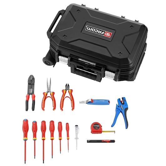 Facom tool kit BV_R30CM2PB with black hard case, pliers, screwdrivers, tape measure, cutter, and wire stripper.