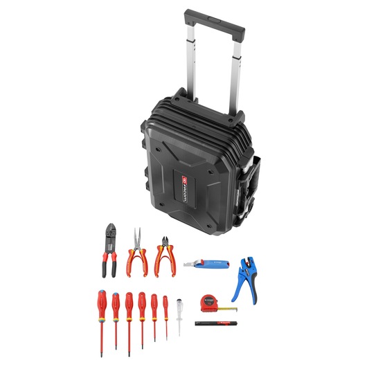 Facom BV_R30CM2PB tool set with black rolling hard case and assorted insulated hand tools, front angle.