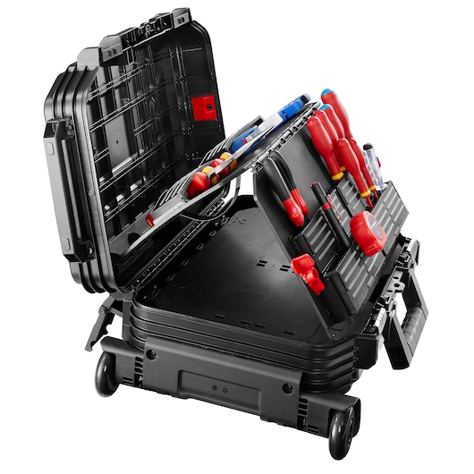 Facom BV_R30CM2PB rolling hard tool case with organized red-handled tools, open on white background, side angle.