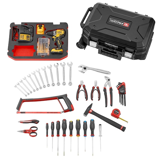 Facom BV_R30CMD1PB tool set with hard case, DeWalt drill, charger, socket set, wrenches, screwdrivers, pliers, tape measure and saw, top view.