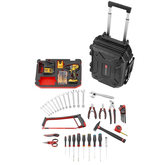 Facom BV_R30CMD1PB tool set with rolling black hard case, assorted wrenches, screwdrivers, pliers, saw, scissors, tape measure, and cordless drill, front angle.