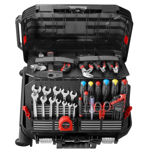 Facom BV_R30CMD1PB hard tool case with assorted wrenches, screwdrivers, pliers and measuring tape, photographed from above.