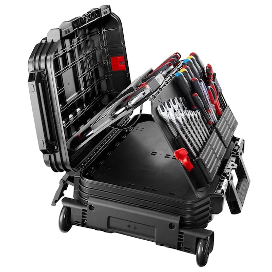 Facom BV_R30CMD1PB hard rolling tool case with organized hand tools, open view on white background.