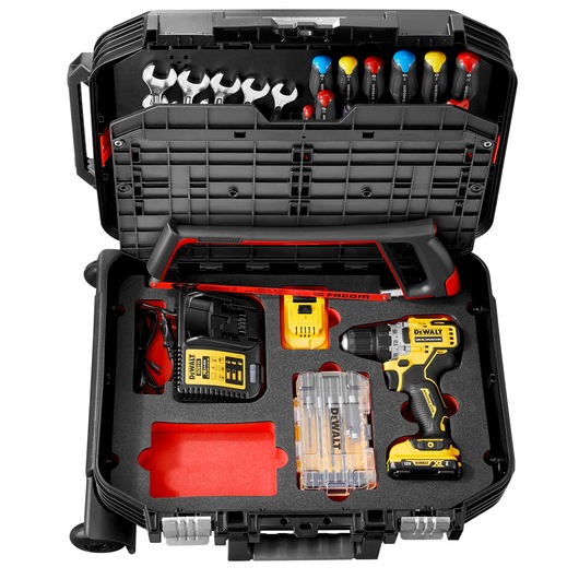 Facom BV_R30CMD1PB photography of open tool case with wrenches, screwdrivers, saw, DeWalt drill and accessories.