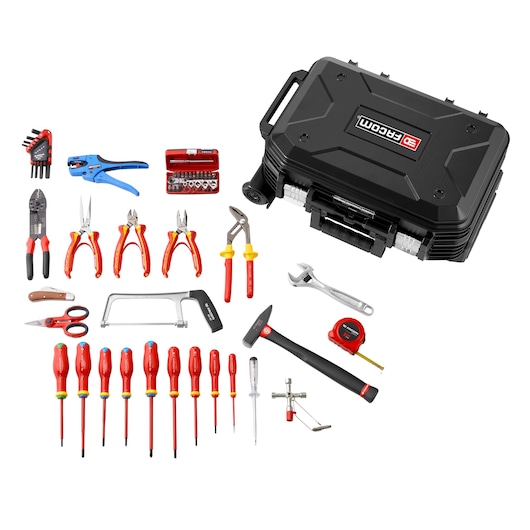 Facom BV.R30ELEC56PB electrician tool set with assorted insulated hand tools, case, and accessories, top angle.
