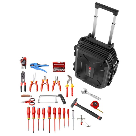 Facom BV.R30ELEC56PB tool set with black rolling hard case, assorted hand tools and screwdrivers, front angle.