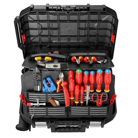 Facom BV.R30ELEC56PB tool case with assorted insulated screwdrivers, pliers, and hand tools, top view.