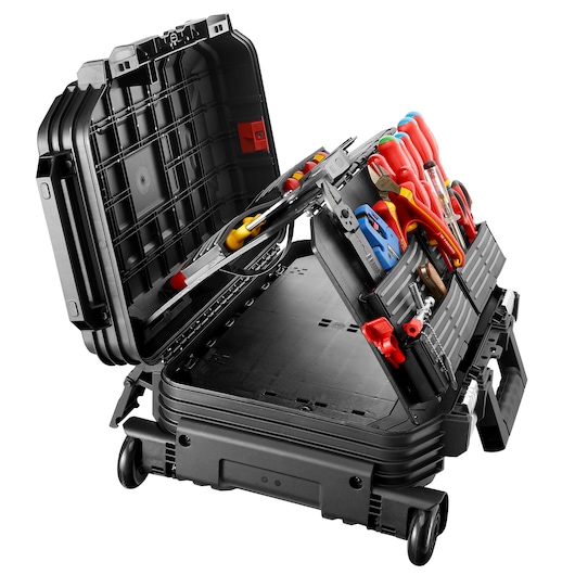 Facom BV.R30ELEC56PB mobile hard case tool box with organized hand tools, open front angle, black with red handles.