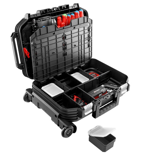 Facom wheeled tool case BV.R30ELEC56PB with organized compartments, insulated hand tools and removable boxes, front angle.